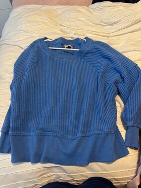 Blue Waffle Knit Pullover Sweater